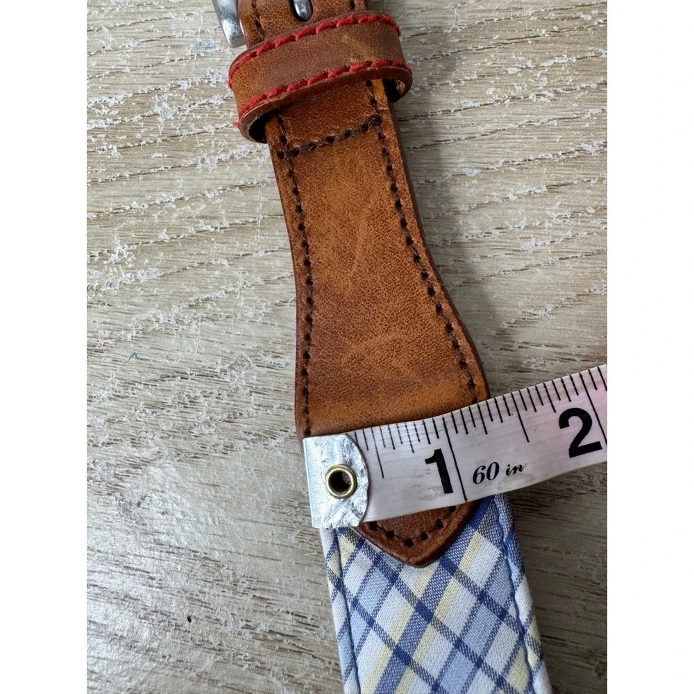 Brooks Brothers Mens Plaid Cotton and Leather Belt Brown Blue Pink Size Large
